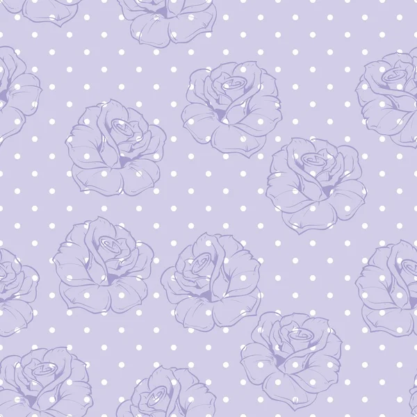 Tile vector floral pattern with violet retro roses on polka dots blue background. — Stock Vector