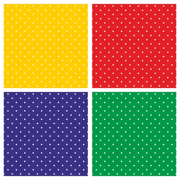 Tile vector background set with white polka dots on colorful red, yellow, green and dark navy blue background — Stock Vector