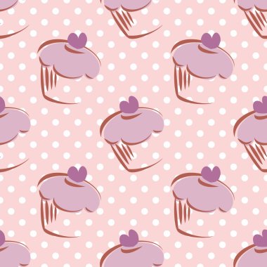 Dikişsiz vektör lavanta desen veya döşeme arka plan beyaz lekeli ve büyük elle çizilmiş cupcakes