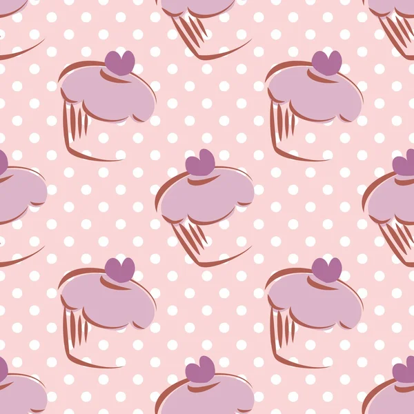 Sömlös vektor lavendel mönster eller kakel bakgrund med vita prickar och stora hand dras cupcakes — Stock vektor