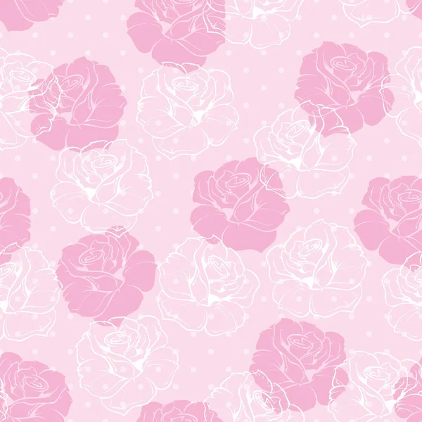 ピンクおよび白いばらおよび甘い赤ちゃんピンク色の背景上の水玉のシームレスなベクターの花柄のパターン. — ストックベクタ