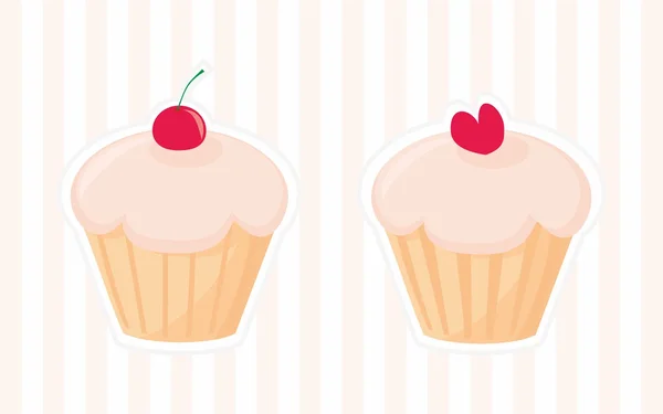 Doces retro vetor cupcakes silhuetas com cereja vermelha e coração no topo isolado em fundo tira rosa . —  Vetores de Stock