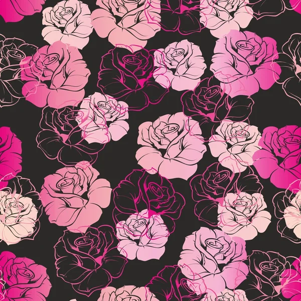 シームレスなベクター暗い花パターンまたはタイル背景と黒の背景にピンクと白のレトロなバラ. — ストックベクタ