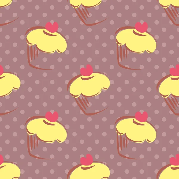 Modello vettoriale senza soluzione di continuità con cupcake al limone di piastrelle, muffin, torta dolce con cuore rosa sulla parte superiore e pois su sfondo viola — Vettoriale Stock