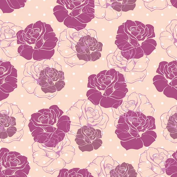 Seamless retro floral vector pattern with elegant pink and violet roses on polka dots background. — Stock Vector