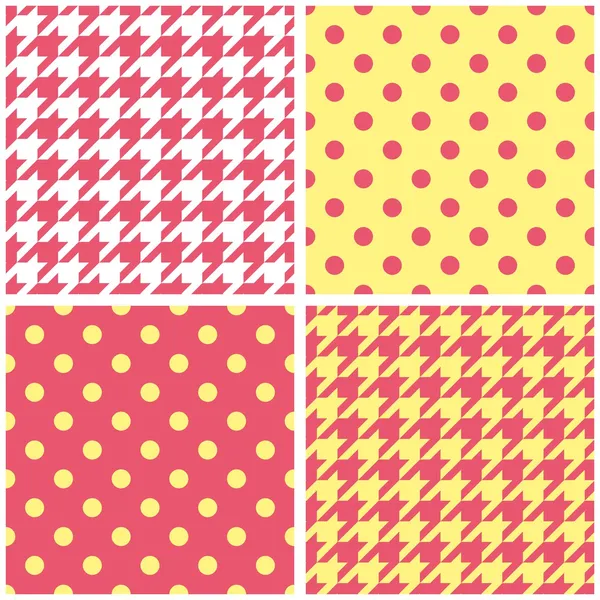 Houndstooth tartan and polka dots seamless pastel yellow, pink and white vector pattern set. — Stock Vector