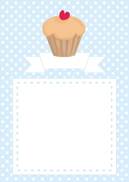 Plantilla de menú de vectores de restaurante, tarjeta de boda, lista o invitación de ducha de bebé con cupcake dulce con corazón rojo, sobre fondo de lunares blancos patrón azul — Vector de stock