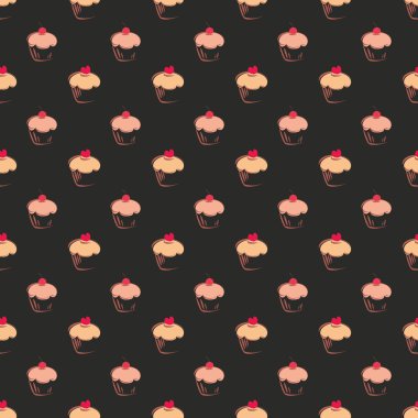 Dikişsiz vektör koyu desen, doku veya arka plan büyük tatlı kek kek çikolata siyah arka plan ile. çok güzel kırmızı kalp üstüne. Web Tasarım, mutfak günlüğü veya masaüstü duvar kağıdı için