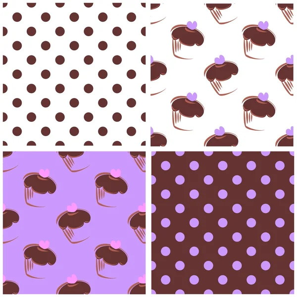 Tile vector background set with polka dots and heart chocolate cupcakes. — Stock Vector