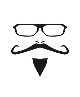 vektör erkek yüzü uzun bıyıklı ve kocaman, illüstrasyon izole beyaz zemin üzerine hipster gözlük.
