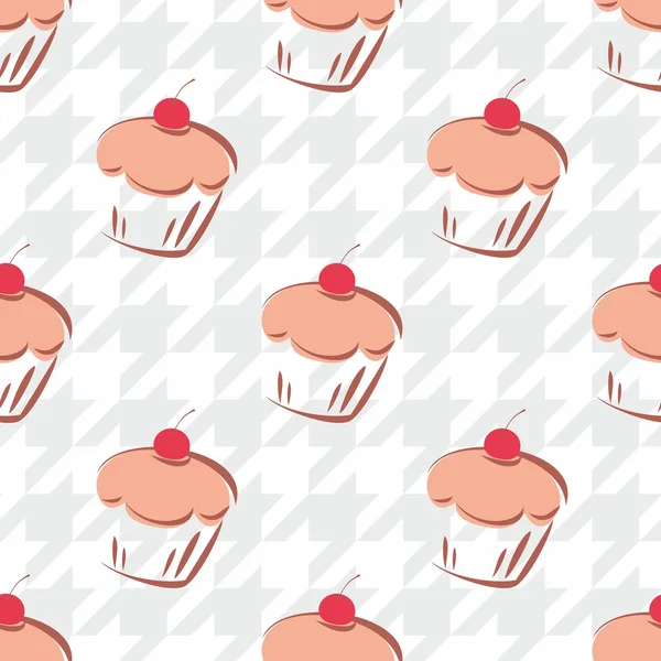 Telha vetorial fundo com cupcake cereja no padrão houndstooth branco e cinza — Vetor de Stock