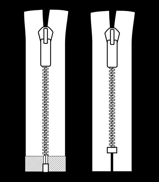 Dragkedja typer. sluten och öppen systemet zip vektor illustration isolerade på svart bakgrund. — Stock vektor