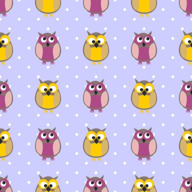 Baykuşlu döşeme vektör deseni ve menekşe arkaplanındaki beyaz noktalar