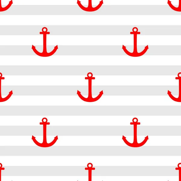 Tile Sailor Vector Pattern Red Anchor Grey White Stripes Background — Stock Vector