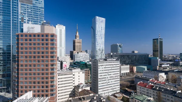 Poland Warsaw March 2020 City Center Skyline Drone Aerial View — Stockfoto