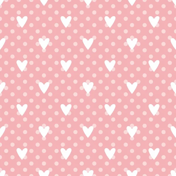 粉色矢量背景与心脏和圆点 情人节桌面墙纸或可爱网站设计的精美无缝图案 — 图库矢量图片