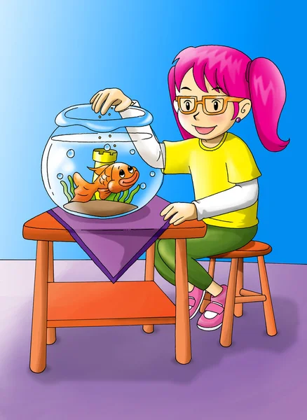 Girl With Goldfish — Stock Photo, Image