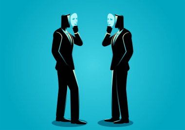 Business concept illustration of two businessmen talking with each other using mask, dissemblance, pretend, falsity concept clipart