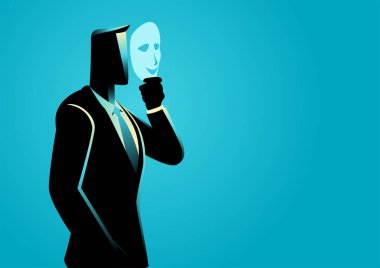 Gülümseyen yüz maskesi takan iş adamlarının iş konsepti çizimi, ikiyüzlülük, sahtekarlık konsepti