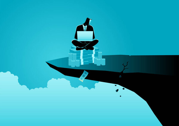 Businessman working on laptop sitting on the cracked cliff edge, risk, danger, comfort zone concept