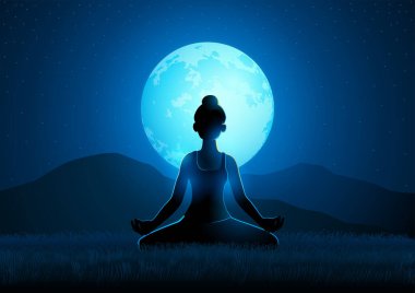Doğada dinginlik, dolunay arka planında yoga yapan güzel bir kadın, EPS 10 formatında vektör illüstrasyon