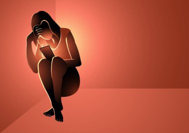Depresyonda olan bir kadın bir köşede elinde akıllı bir telefonla oturuyor, sosyal medya kaygısı kavramı.