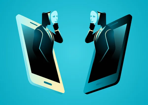 在社交媒体上 两个商人通过智能手机用面具互相交谈 假惺惺 装模作样 假惺惺 — 图库矢量图片