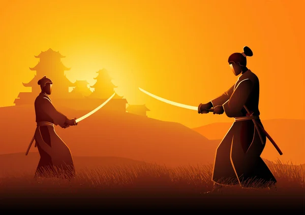 Twee Samurai Duel Houding Tegenover Elkaar Het Grasveld — Stockvector