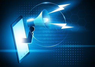 Akıllı telefondan gelen megafonu tutan bir elin iş konsepti çizimi. Dijital pazarlama, duyuru, reklam kavramı