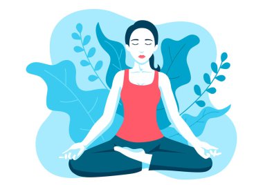 Arka planda yapraklarla yoga yapan bir kadının basit düz vektör çizimi.