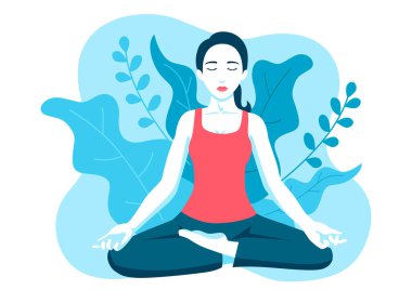 Simple flat vector illustration of a woman doing yoga with leaves decoration as the background clipart