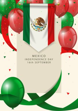Dekoratif balonlar ve kurdelelerle Meksika amblemleri, Meksika Mutlu Bağımsızlık Günü tebrik kartı