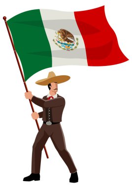 Simple flat vector illustration of Mexican man in sombrero and traditional costume holding the flag of Mexico vector Simple flat vector illustration of Mexican man in sombrero and traditional costume holding the flag of Mexico vector