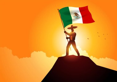 Vector illustration of a Mexican man in sombrero and traditional costume holding the flag of Mexico on mountain peak vector Vector illustration of a Mexican man in sombrero and traditional costume holding the flag of Mexico on mountain peak vector