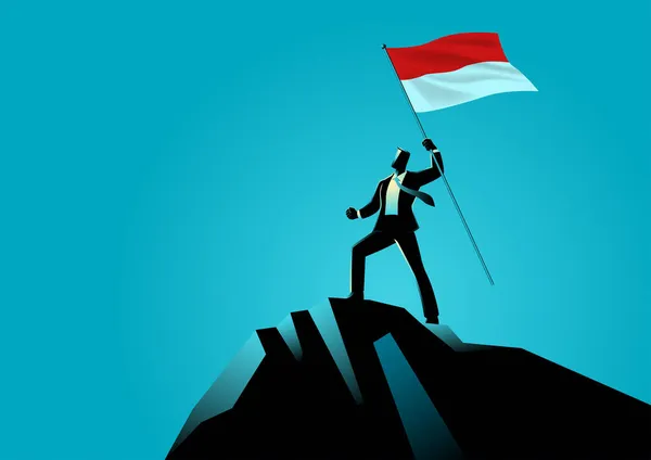 Business Concept Vector Illustration Businessman Holding Flag Indonesia Top Mountain — Stock Vector