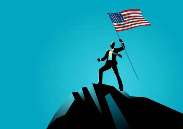 Koncepcja Biznesowa Wektor Ilustracja Biznesmena Trzymającego Flagę Usa Szczycie Góry — Wektor stockowy