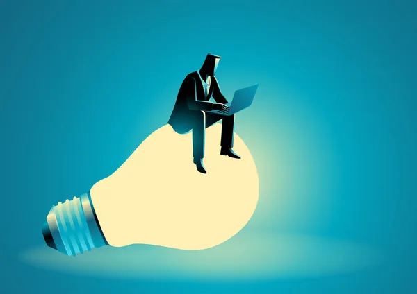 Illustration Vectorielle Homme Affaires Assis Sur Une Ampoule Géante Alors — Image vectorielle