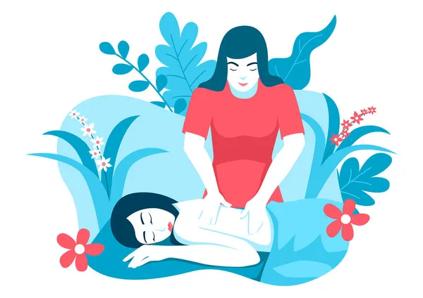 Masaj Terapisti Ona Masaj Yaparken Yatakta Yatan Bir Kadının Basit — Stok Vektör