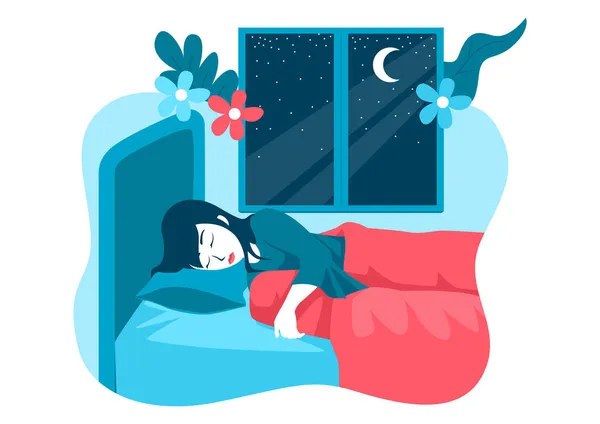 Yatağında Uyuyan Bir Kadının Basit Düz Vektör Çizimi — Stok Vektör