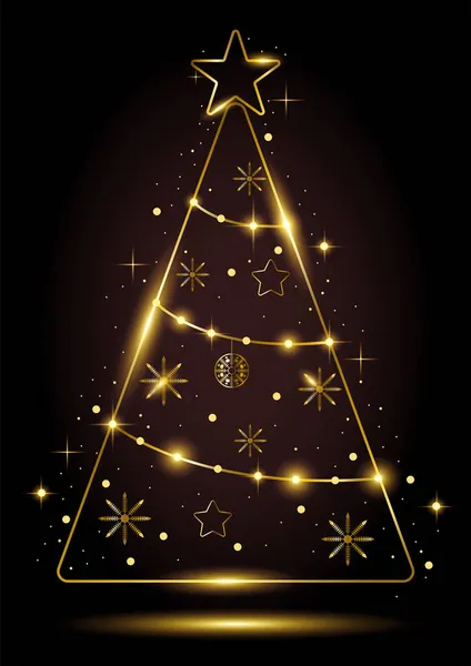 Vector Illustration Gold Outline Christmas Tree — Stock Vector