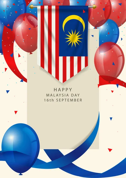 Malaysia Insignia Decorative Balloons Ribbons Malaysia Day Greeting Card — Stock Vector