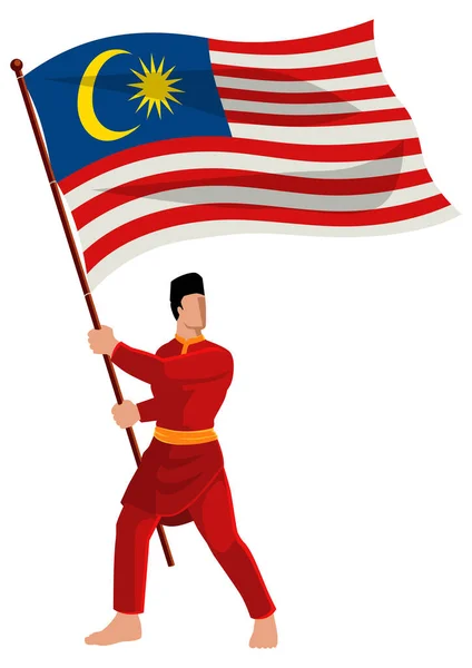 一名身穿马来西亚传统服装的男子举着马来西亚国旗的矢量图解 — 图库矢量图片