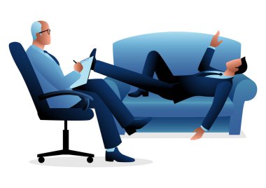 Business concept illustration of a businessman having a therapy with psychologist clipart