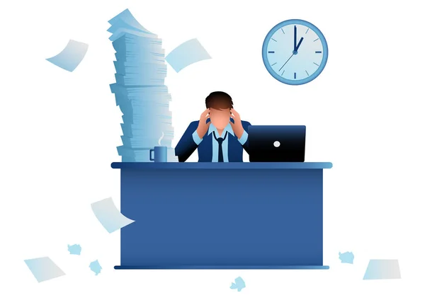 Business Concept Vector Illustration Stressful Businessman Sitting Office Desk Working — Stock Vector