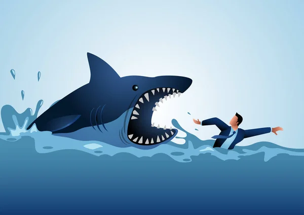 Бізнес Концепція Ілюстрація Бізнесмена Плаваючої Паніки Уникаючи Нападів Акули Кредитної — стоковий вектор