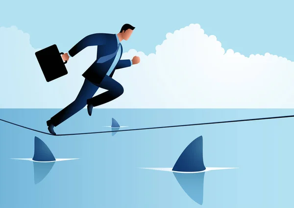 サメの下でロープを走っているビジネスマンのビジネスコンセプトイラスト リスク ビジネスチャンスを取るための概念 — ストックベクタ