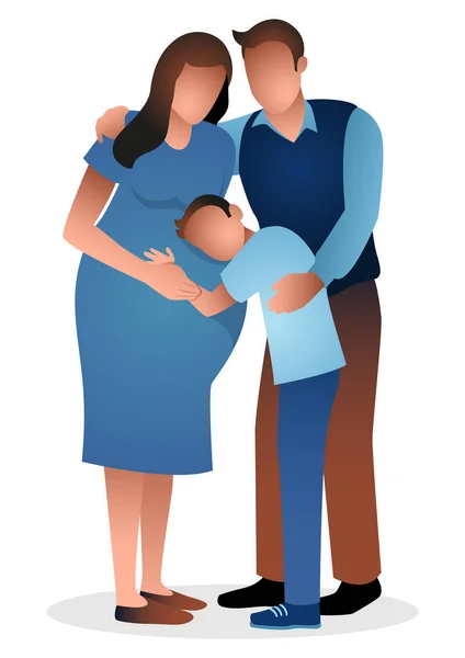 Desenhos Animados Ilustração Família Feliz Menino Abraçando Sua Mãe Grávida — Vetor de Stock