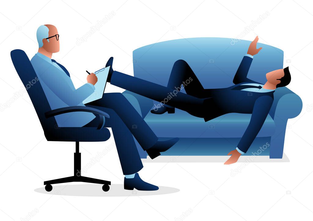 Business concept illustration of a businessman having a therapy with psychologist