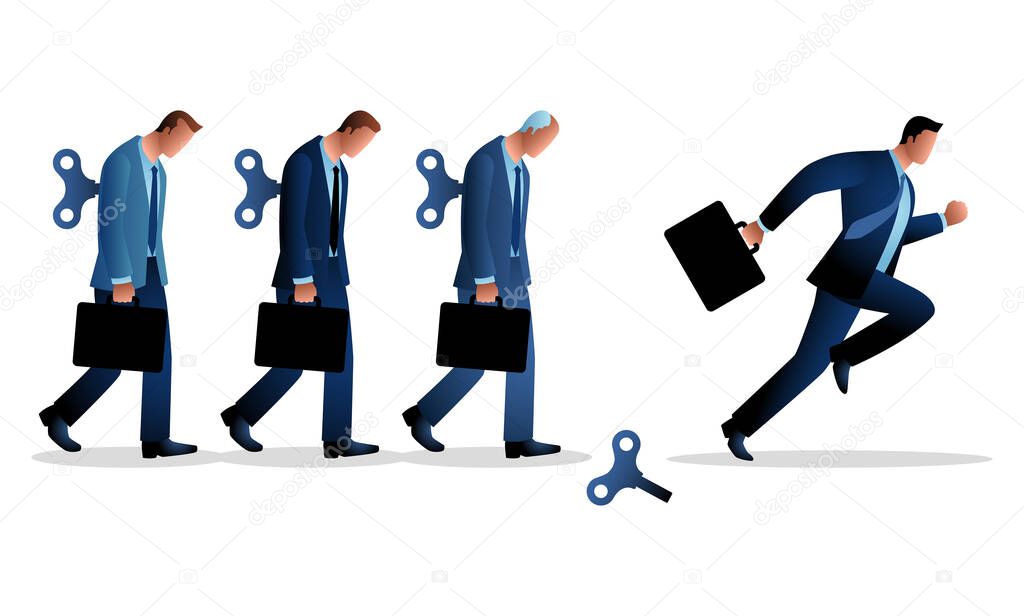 Business concept vector illustration of a businessman running after his winder released. Free will, freedom concept