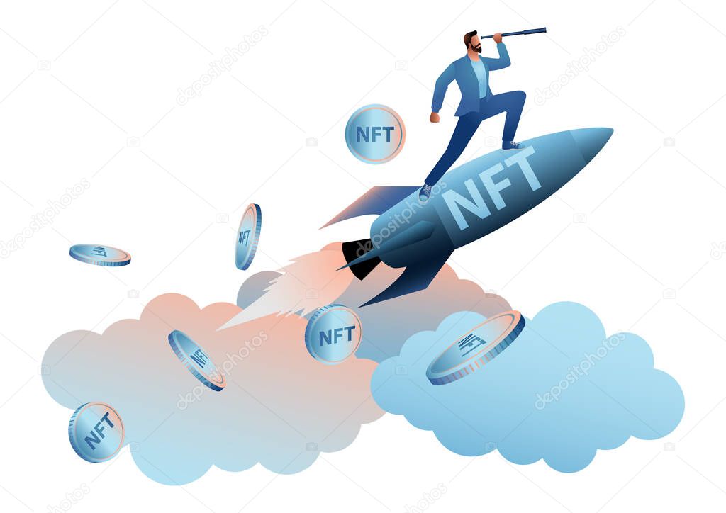 Vector illustration of a businessman on a NFT rocket using a telescope, startup and forecast concept